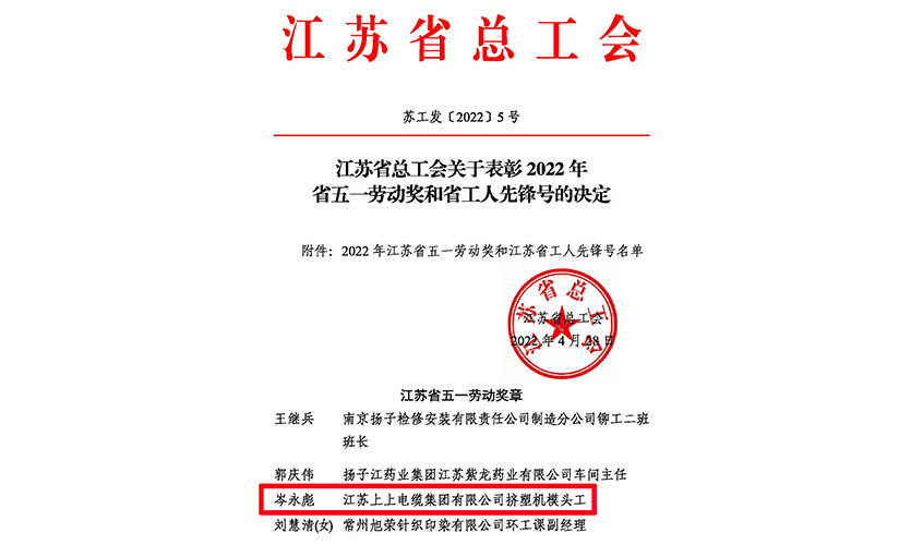 20年产品质量“零缺陷”——兴发娱乐电缆员工岑永彪荣获“江苏省五一劳动奖章”